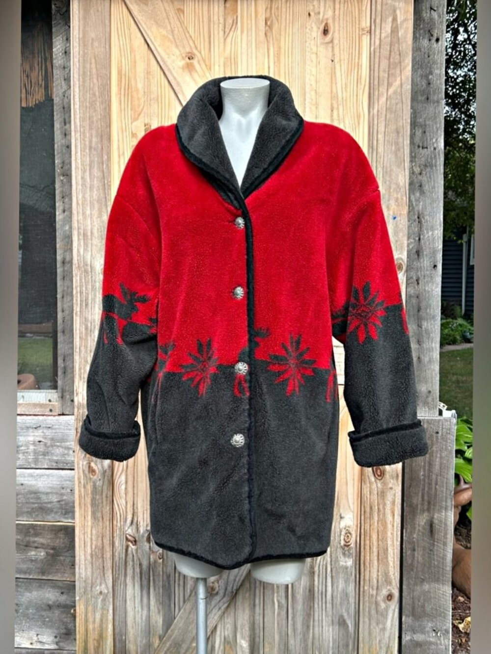 Nordic Lights Red Dark Gray Southwestern Elk Moose Reversible Fleece Jacket~L~